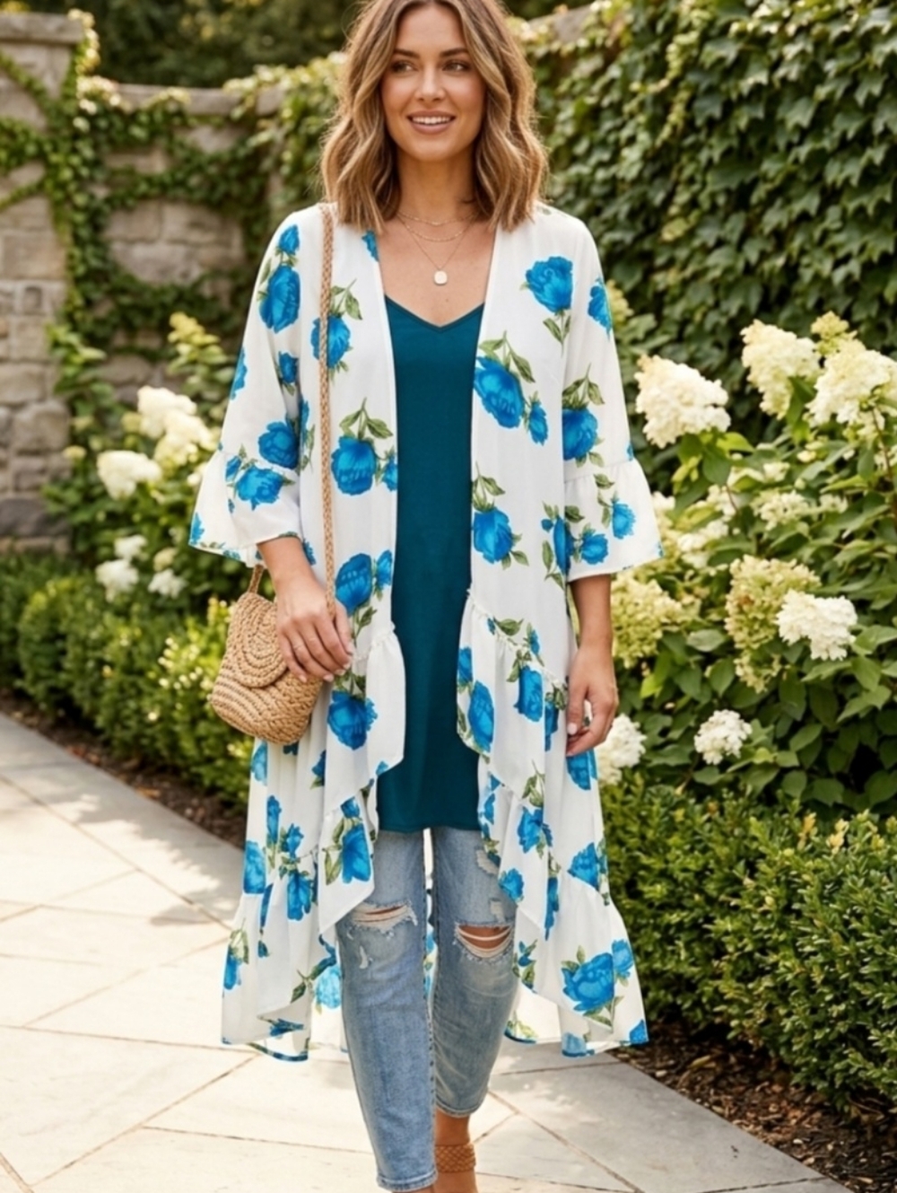 Love Story Blue Floral Kimono Cardigan Ruffle Sleeve Boho Long Beach Cover Up  L